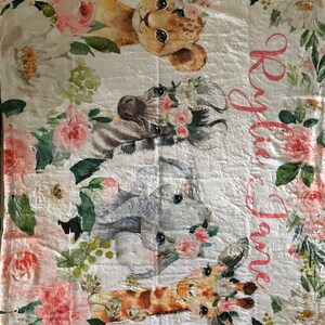 Animals Baby Girl Floral Blanket, Blush Pink Flowers Safari Jungle Name ...
