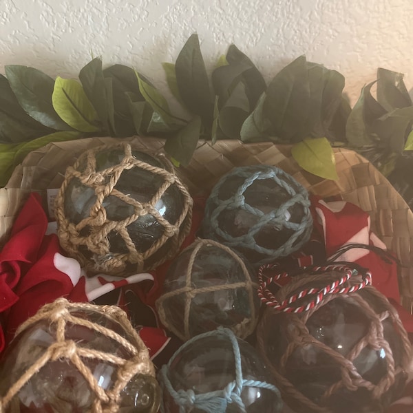 Glass Fishing Floats on Rope - Fish Net Buoy Ball - Nautical Decor ...
