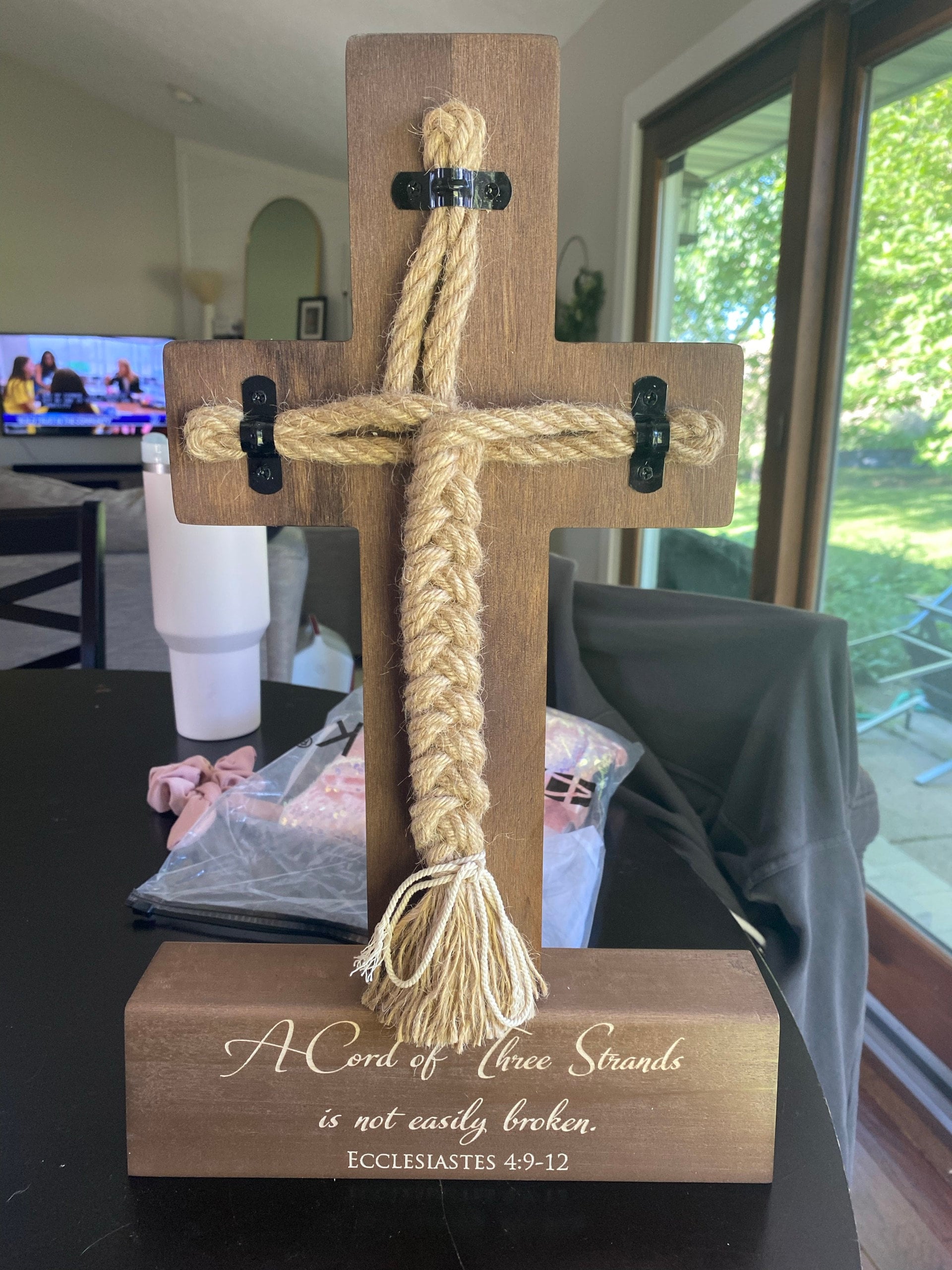 Wedding Cord of Three Strands Ceremony Cross; Natural Wood & Rope Unity Ceremony Candle Alternative