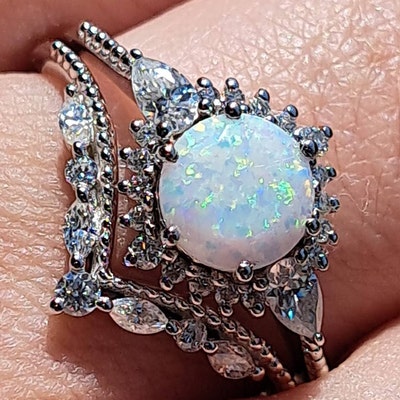 Vintage White Opal Engagement Ring Set Unique Solid Gold - Etsy
