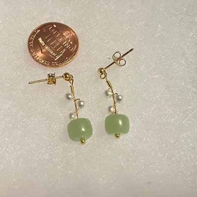 Gold Jade Earrings, Jade Dangling Earrings, Freshwater Pearl Jade ...
