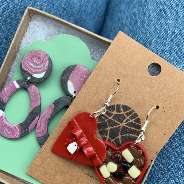 Heart Chocolate Box Earrings: Handmade Polymer Clay Valentine's Gift - Etsy