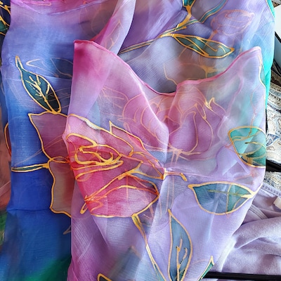 New Collection/violet Painting Floral Chiffon Scarf/hand Painted Silk ...