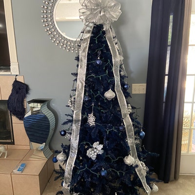 Large Christmas Tree Topper Bow Sheer Silver Center With Silver Glitter ...