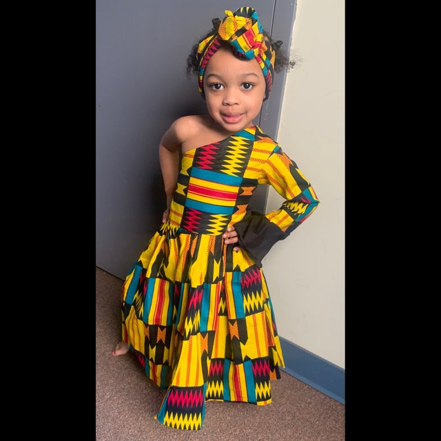 MawusiClothing New African Print Ankara - Ghana Kente Girl Maxi Dress, Girls One Shoulder Maxi Dress, Children Fashion, Ankara Fashion, Kente Fashion