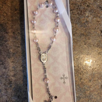 Sterling Silver Baby Rosary in Pink With Miraculous Medal and Cross Charm. Baptism Gift for ...