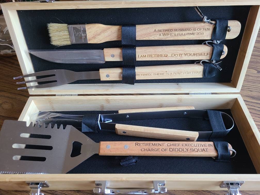 Personalized Complete BBQ Grill Tool Kit Set With Wood Case - Custom Engraving