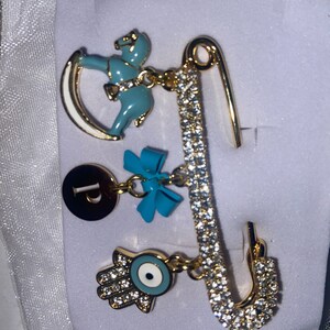 24K Gold Plated Baby Pin. Evil Eye Safety Pin. Pearl Safety Pin