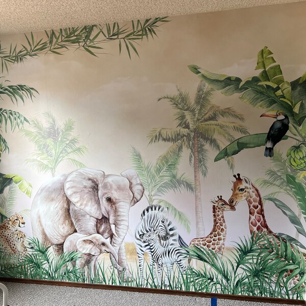 Kids Wallpaper Peel and Stick | Safari Animals With Baby Wall Mural - Etsy