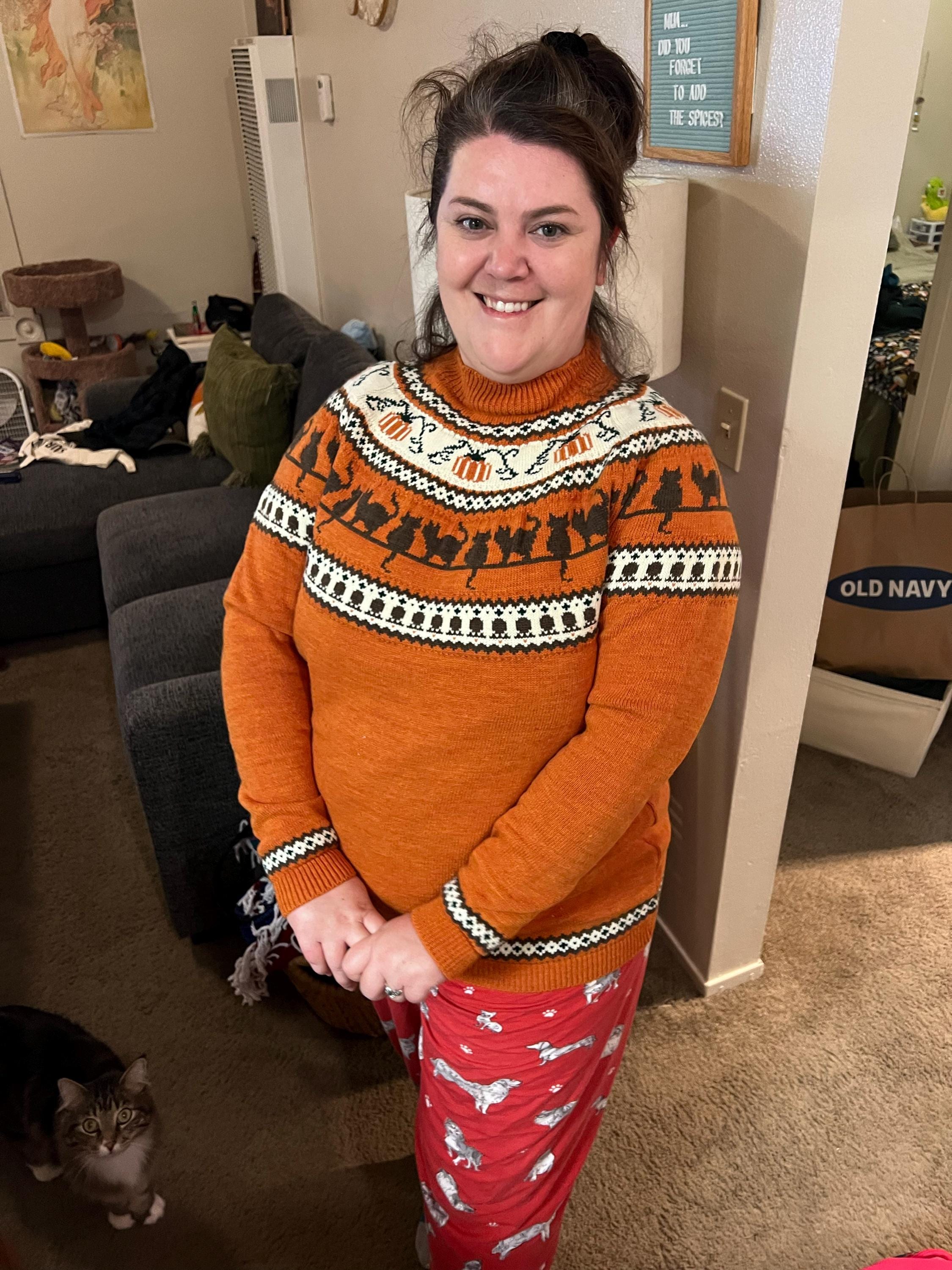 Pumpkins cats handmade sweater jumper. Acrylic Vegan Wool, fall Halloween Christmas Autumn Witch Wizard