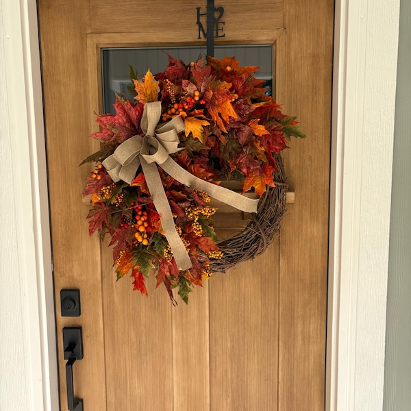 Fall Maple Leaves Wreath, Small Autumn Front Door Wreath, Wreath With ...