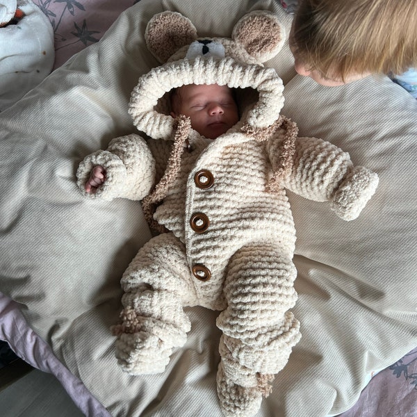 Baby Bear Print Pattern Quilted Warm Coat & Jumpsuit