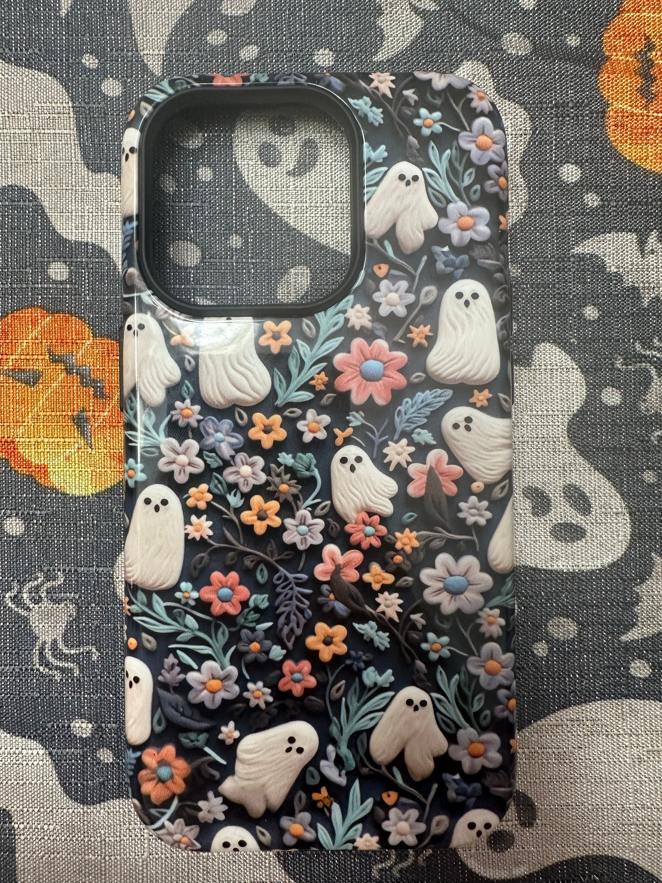 Ethereal Clay Effect Ghosts and Flowers Phone Case | Spooky Ghosts Floral Phone Case | Cute Halloween | MagSafe | iPhone | Pixel | Samsung