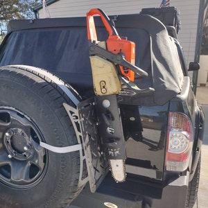 Overlanding - Camping Chainsaw Mount - Holder, Locking Saw Mount, Jeep, Toyota, Universal mount up to 20" bar, Made in USA