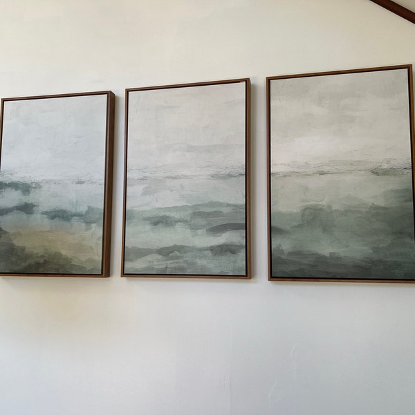 Sage Green Abstract Landscape Framed Wall Art Set of 3, Misty Neutral ...