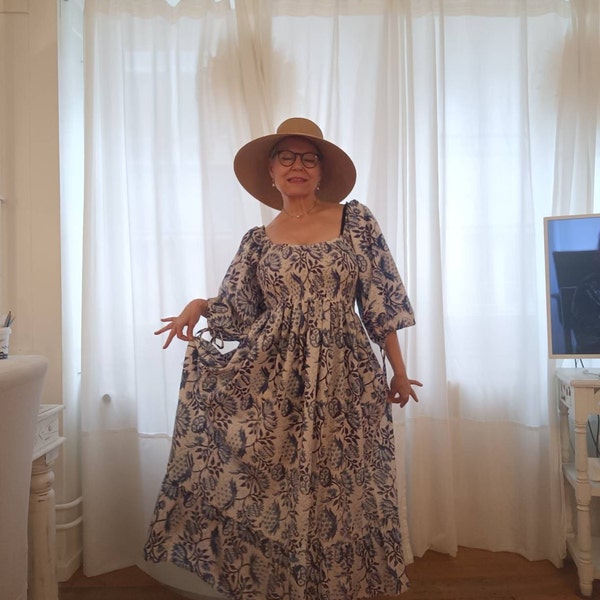 cotton candy hand block floral printed bohemian maxi dress - 3/4th sleeve long dress