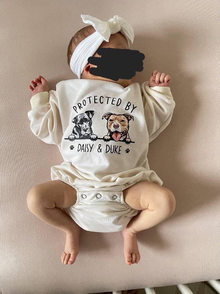 Custom Pet Portrait Protected By Baby Romper, Personalized Puppy Romper for Boys and Girls, Baby Pet Lover Outfit,Custom Baby Gift with Name