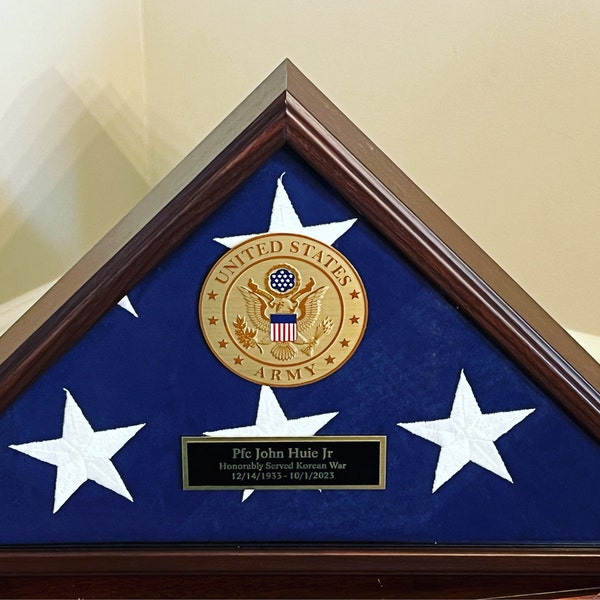 Large American Veteran Flag Display Case - Solid Wood, Tempered Glass, For 5'x9.5' Folded Burial Flag, Walnut Finish