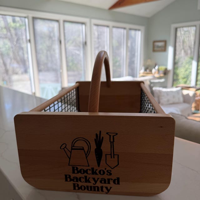 Customer photo of a personalized engraved harvest basket, shared by Kaitlyn in their review