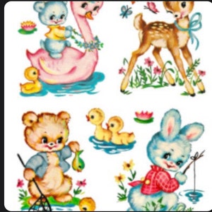 Vintage Image Shabby Retro Nursery Baby Animals Swan, Deer, Bear