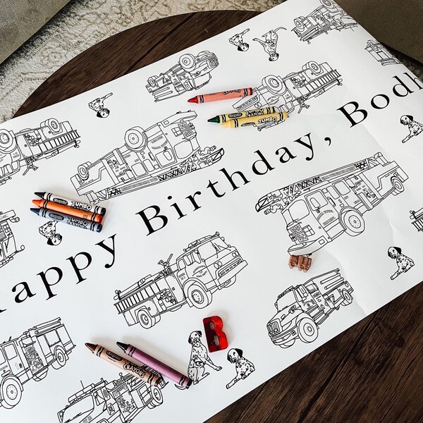 Personalized Fireman Birthday Decorations Coloring Table Runner ...