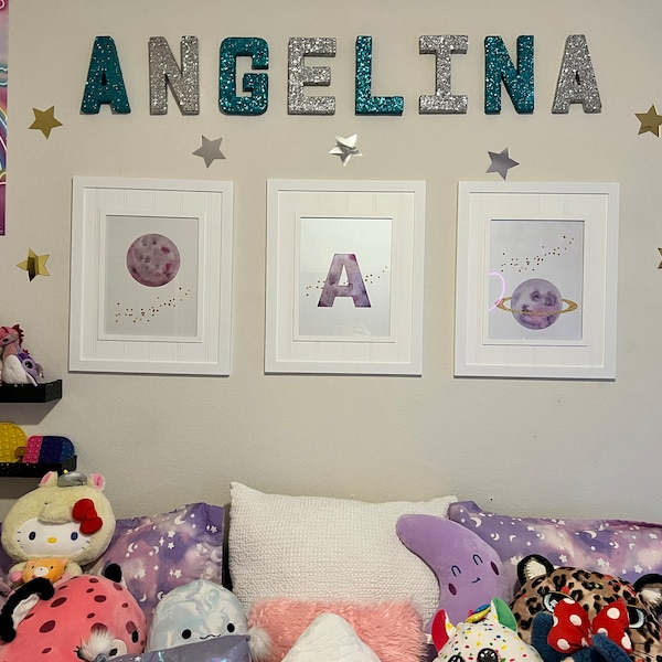 Personalized Purple Planet Set of 3 Nursery Art Prints, Wall Art ...
