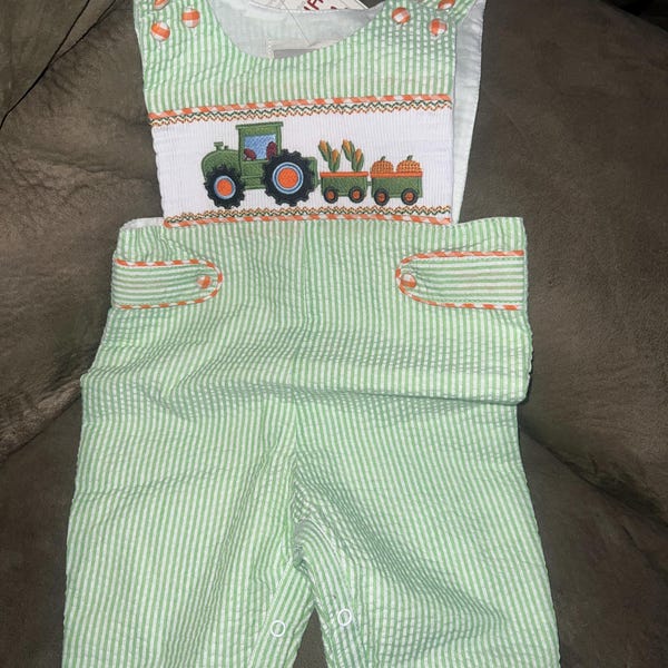 Anavini Girls Light Blue Gingham Bishop Dress - Smocked Orange Pumpkins main image 0