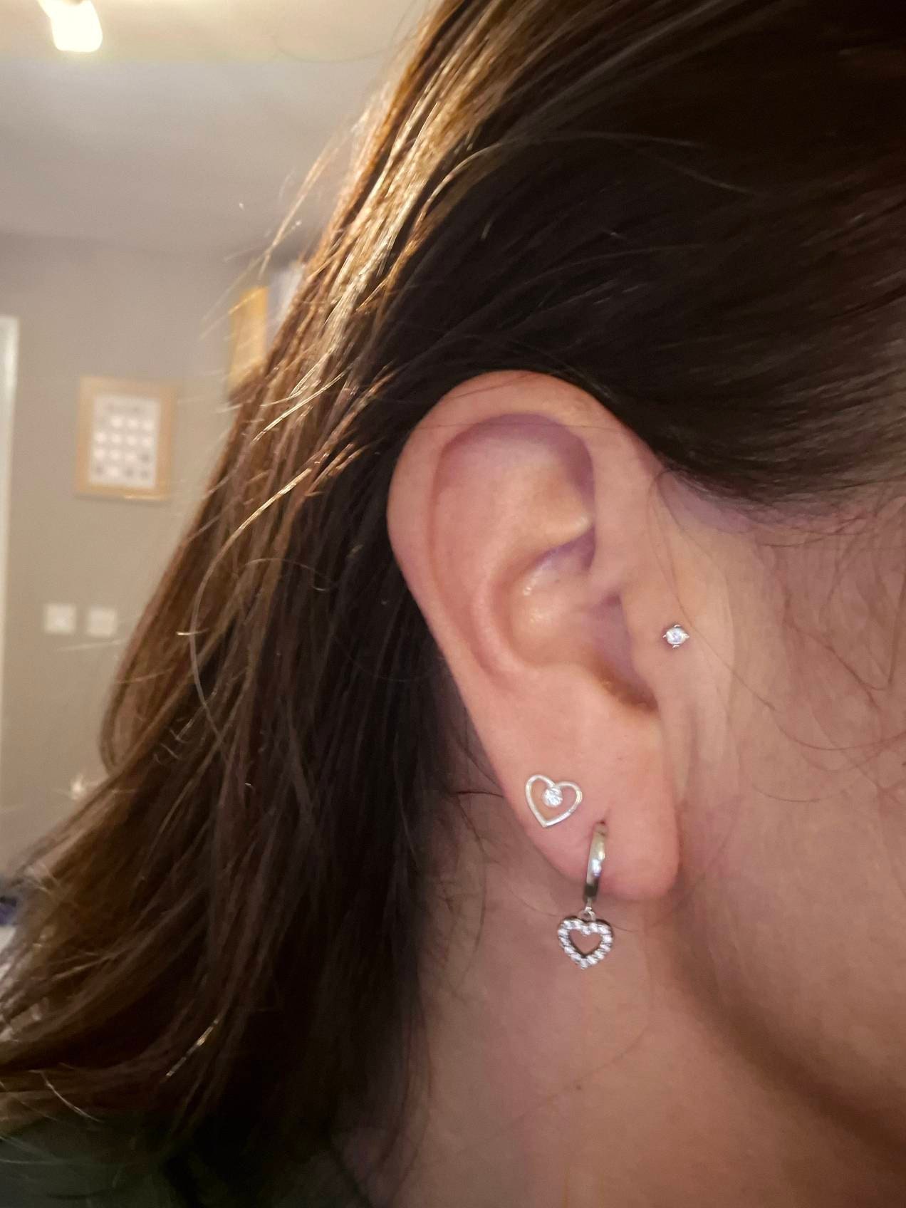 Tiny CZ Heart Dangle Huggie Hoop in Sterling Silver, Silver or Gold or Rose Gold, Skinny CZ Heart Earrings, Heart Huggie Hoops