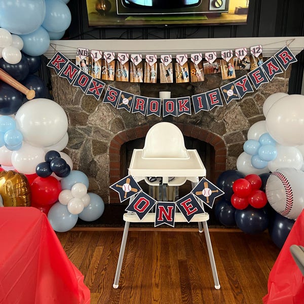 Baseball Rookie Jahr 1st Birthday Deko – Monatsfoto-Banner In Navy Blue, Inkl. „ONE“-Banner & Zubehör
