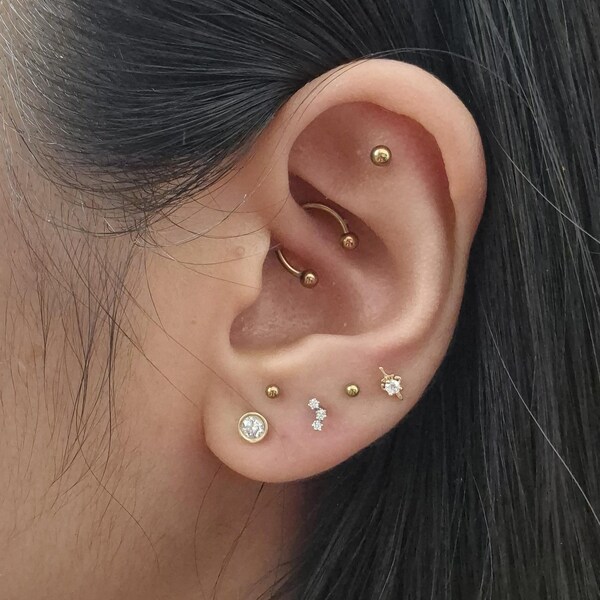 14K Solid Gold Diamond Rook Helix Hoop Earring, Gold Diamond Tragus ...