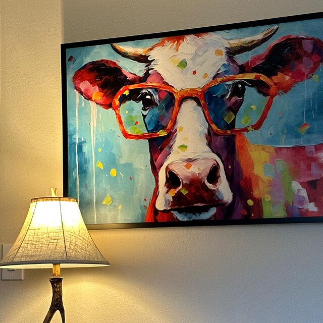 Funny Cow With Glasses Canvas Painting, Colourful Cow Canvas Print