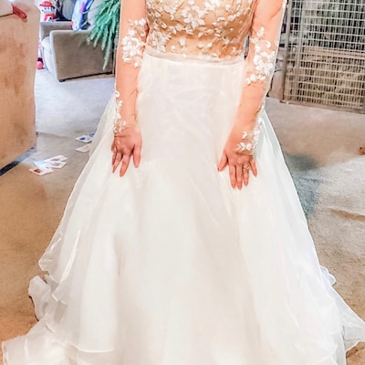 Exclusive Beaded Wedding Dress With Illusion Nude Top, Long Sleeves