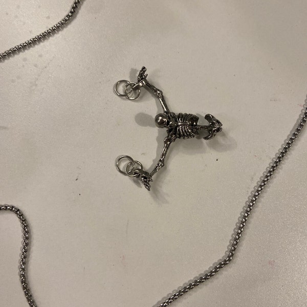 thumbnail interactive-video image 1 of Skeleton In Shackles Gothic Necklace - 24" Box Chain With Skull Pendant - Goth Halloween Jewelry 1 of 5