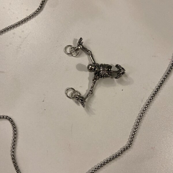 Skeleton In Shackles Gothic Necklace - 24" Box Chain With Skull Pendant - Goth Halloween Jewelry