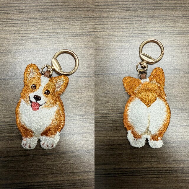 刺繍入りコーギーキーホルダー（チャーム）。高品質な職人技。ご家族