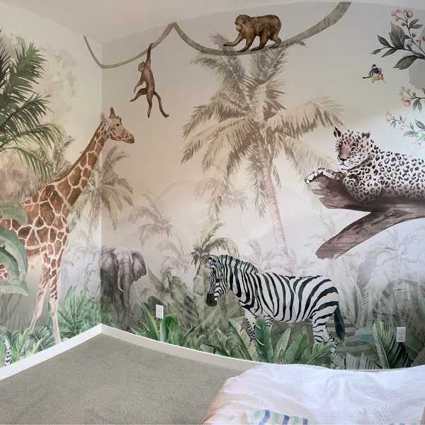 Watercolor Safari Animals Wallpaper: Peel and Stick Nursery Wall Mural ...