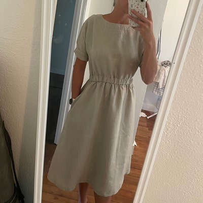Gigi Linen Blend Stripe Elastic Bodice Pocket Loose Midi Dress