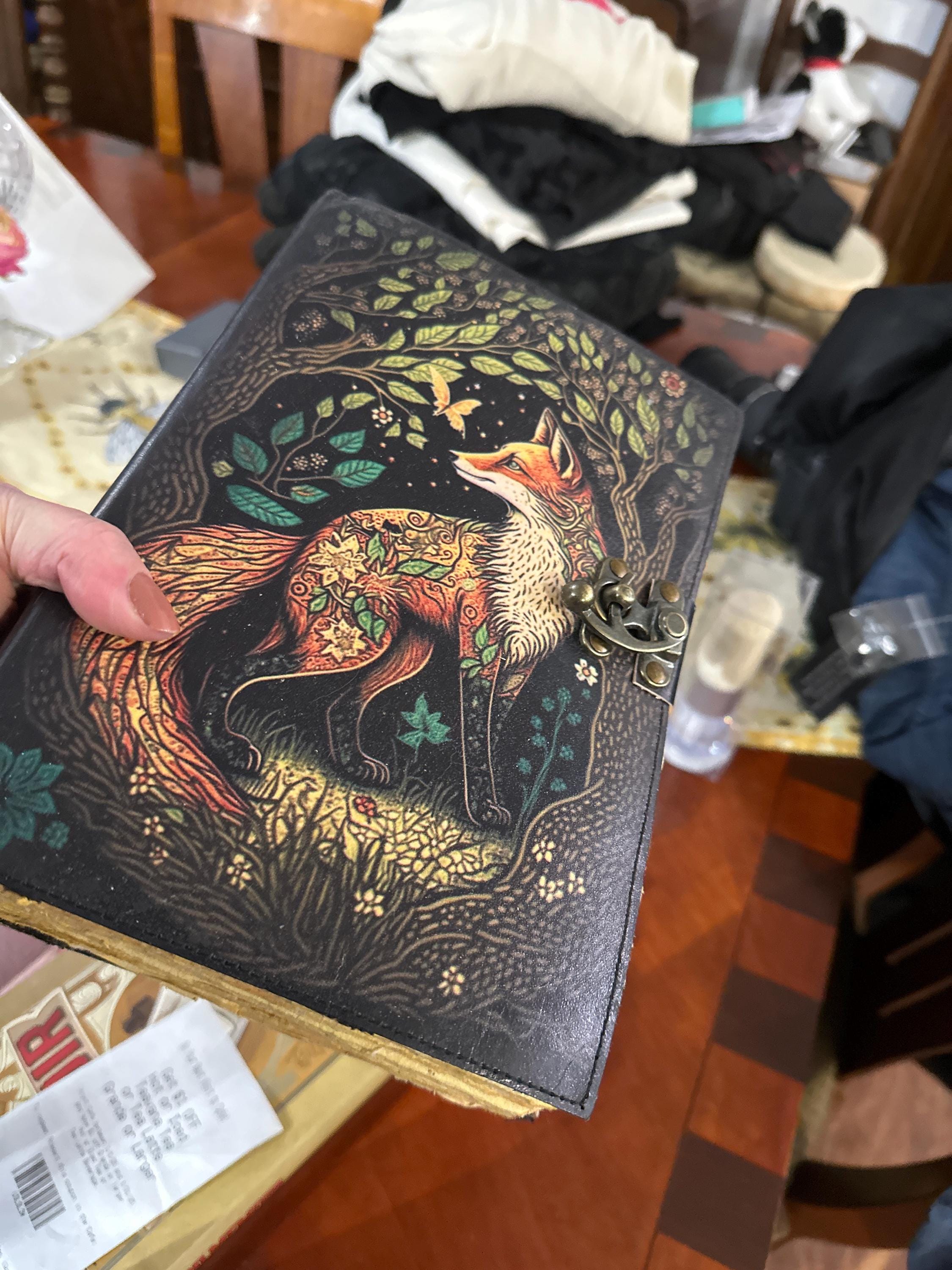 400 Page Large Fox Vintage Handmade leather Journal, Grimoire Fat journal Blank spell book of shadows Christmas Celestial Gifts For Him Her