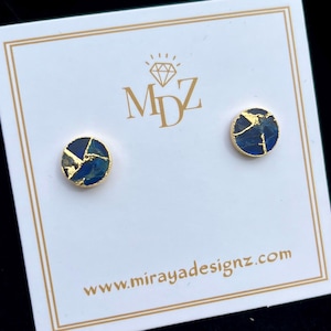 Purple Mojave Turquoise Stud with Kintsugi Inspired Design, Minimalist Lavender Jade Stud Earrings, Purple Gold Circle Stud