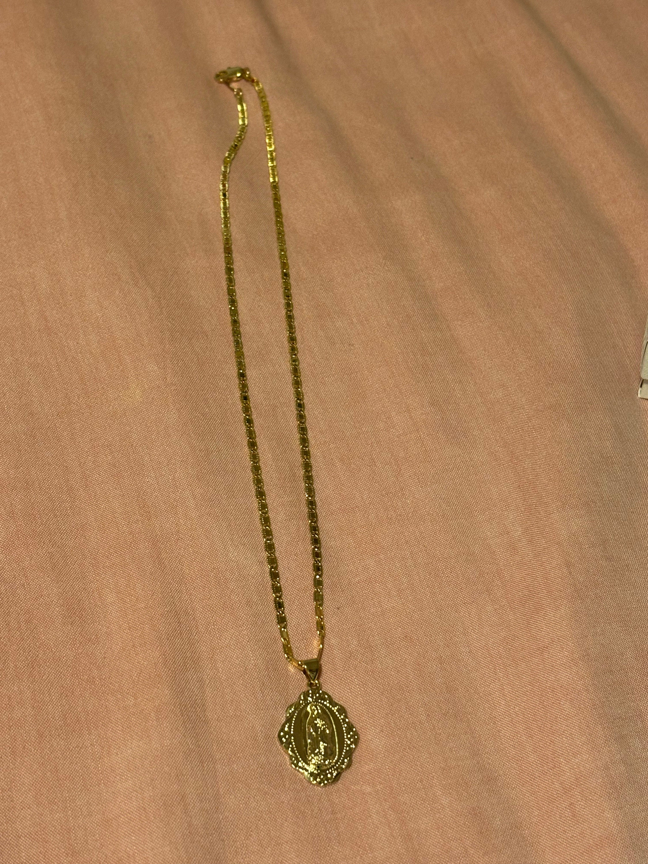 Gold Virgin Mary Necklace, Guadalupe Necklace, 2mm Fancy Flat Chain, 14k Heavy Plated Gold, High Quality, Lifetime Replacement Guarantee