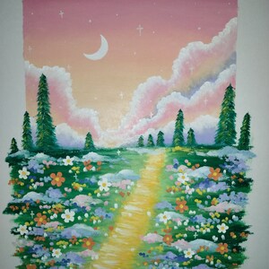 オリジナル手描き花柄オイルパステル画：夕焼け風景画（6×8インチ