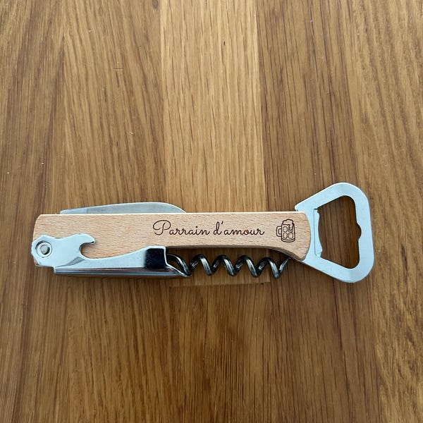 Tire-Bouchon Personnalisable En Bois Et Acier - Gravure Laser - Limonadier Avec Décapsuleur Et Coupe-Capsule - Cadeau Personnalisé