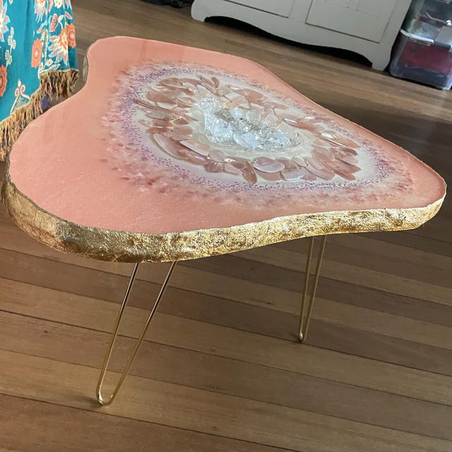 Mother of Pearl Resin Side Table: Pink Quartz Geode Coffee Table
