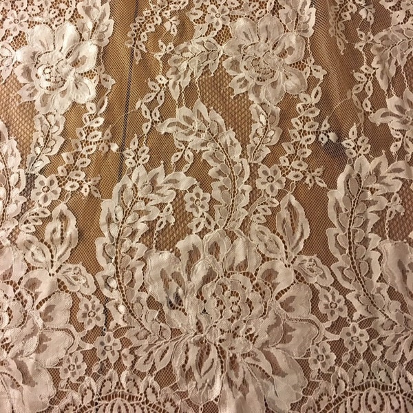 Corded Chantilly Lace with Finished Edges - Ivory Tropical Leaves and Flowers