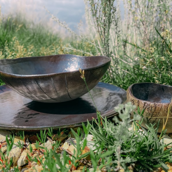 Unique Dinnerware Set, Rustic Ceramic 3 Piece Dinner Set, Stoneware ...