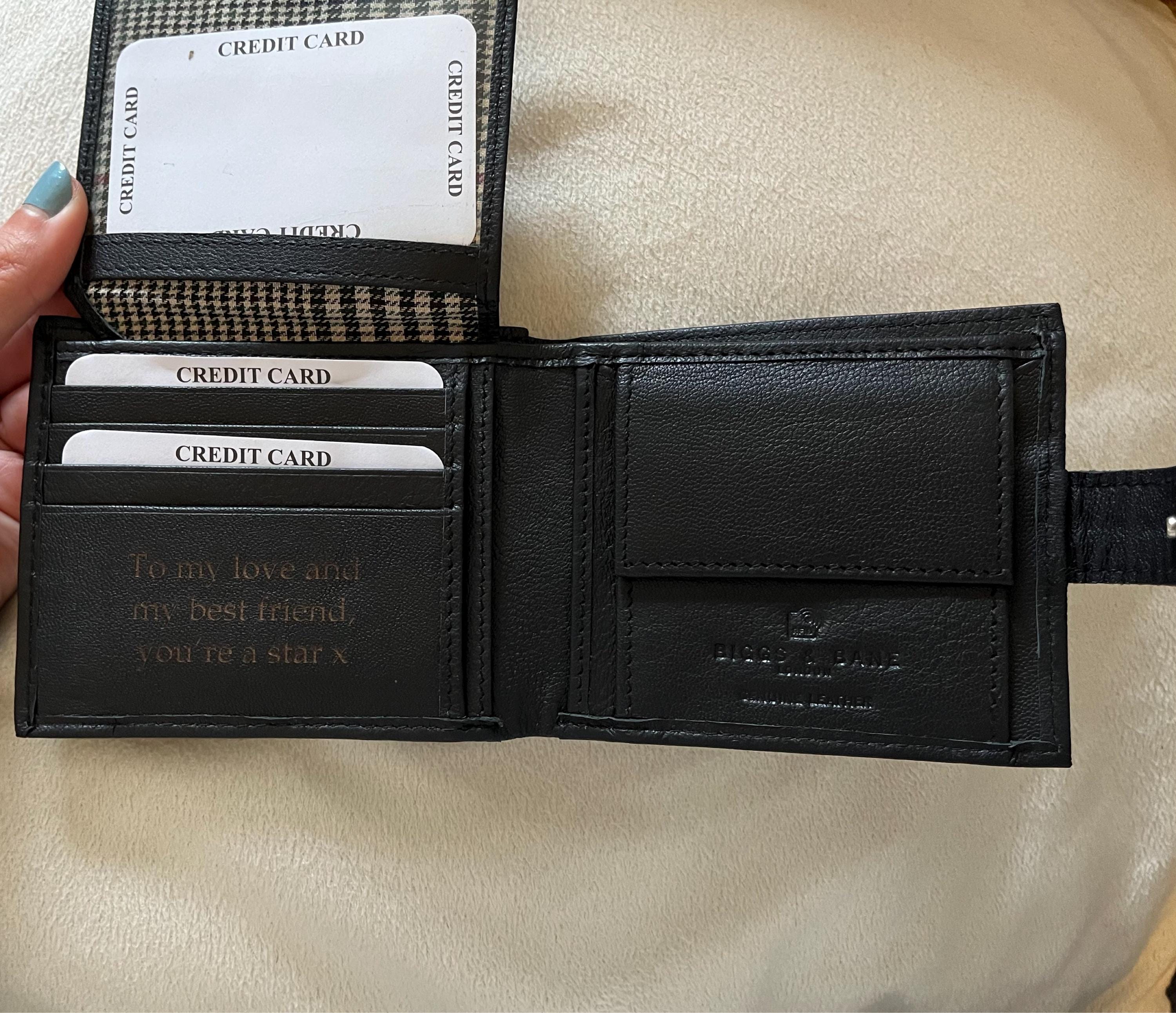 Personalised Engraved Men&#39;s Wallet, Genuine Soft Black Leather Wallet, Personalized Gift for Him, Boyfriend, Husband, Dad, Christmas Gift