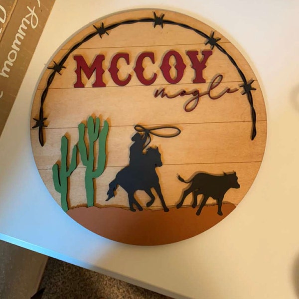 Western Cowboy Roping Calf Name Sign, Personalized Nursery Round Sign ...
