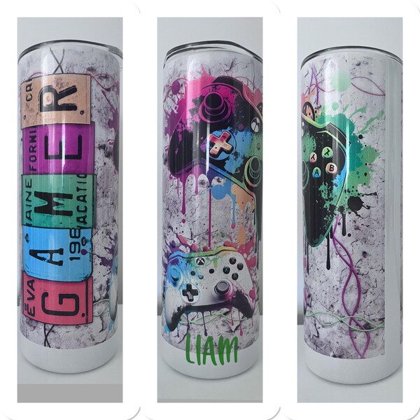 Gamer 20 Oz Skinny Tumbler Sublimation Design Neon Video Game ...