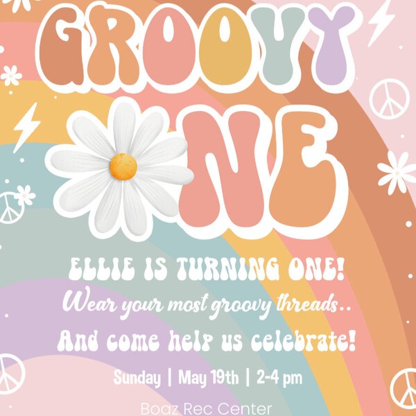 Editable Groovy ONE Birthday Invitation Pink Daisy Rainbow Groovy Van ...