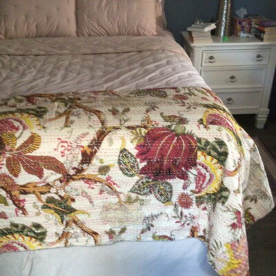 Hand Block Print Queen Cotton Kantha Quilt Throw Blanket Bedspread Indian Gudari